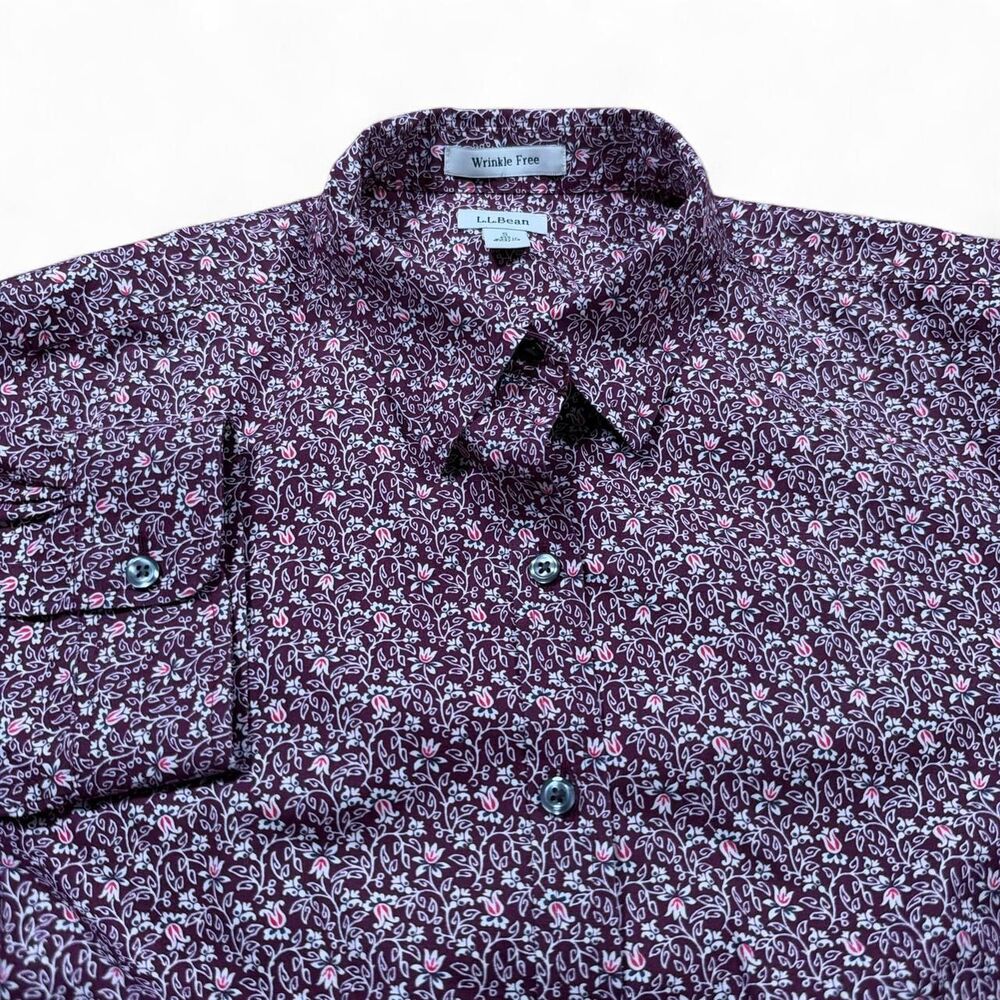 L.L. Bean Women's Wrinkle Free Pinpoint Oxford Button Up Shirt Burgundy Floral S